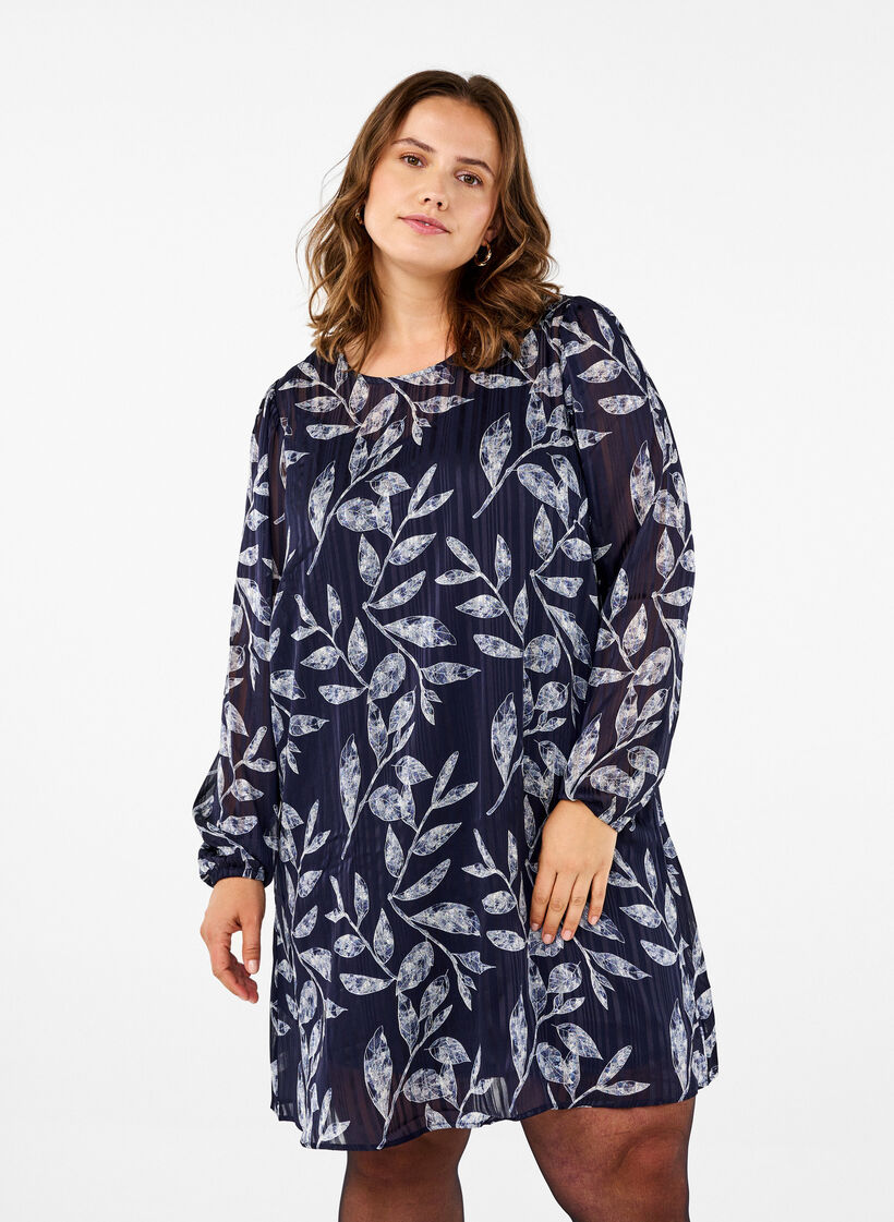 Short printed dress with a round neck, Ev.Blue Flower AOP, Model image number 0