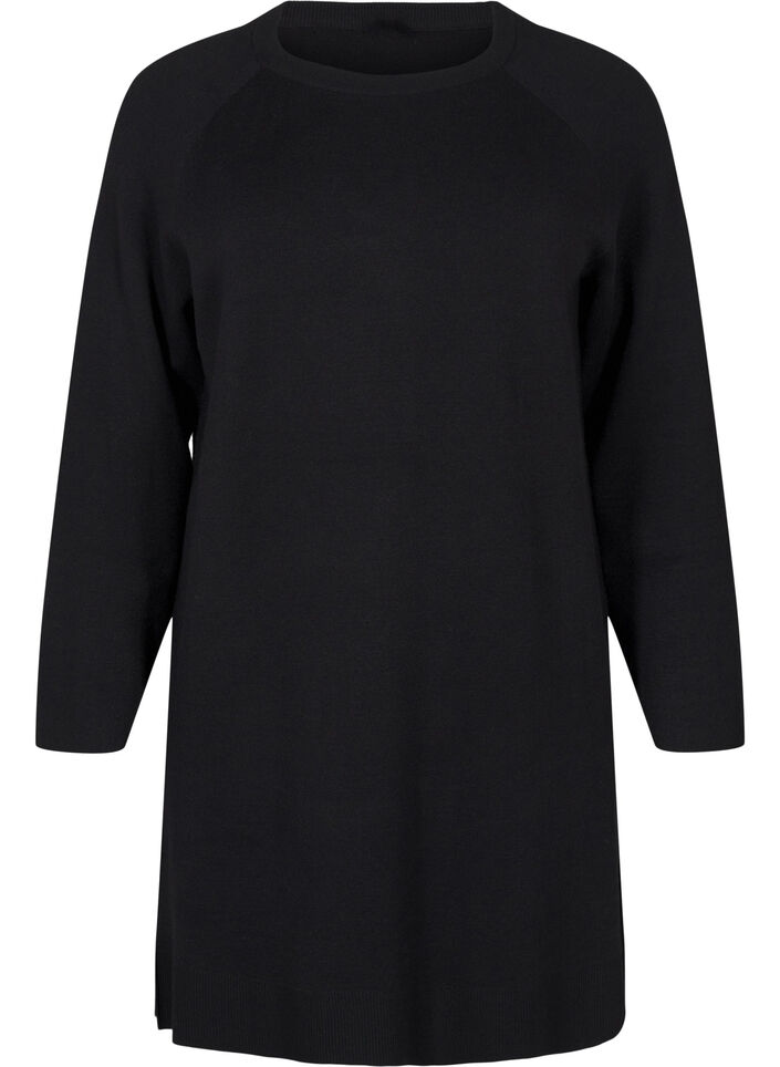 Knitted dress with a round neck and slit, Black, Packshot image number 0