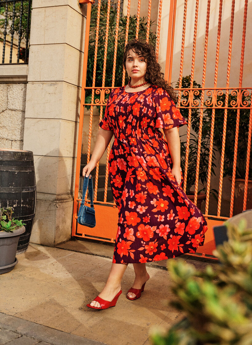 Dress with smocking and floral print, Purple, Image