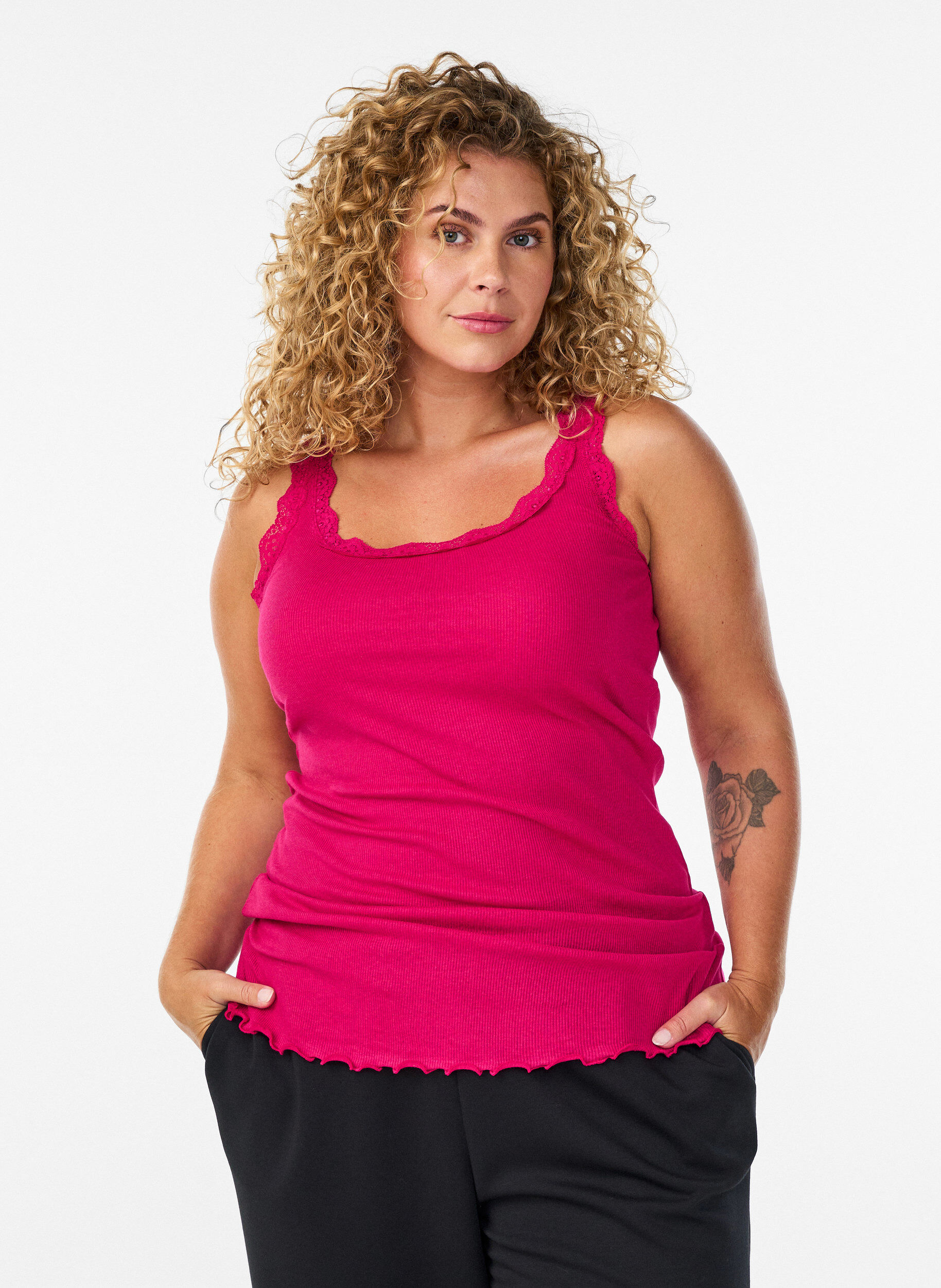 Top with lace trim, Pink, Model