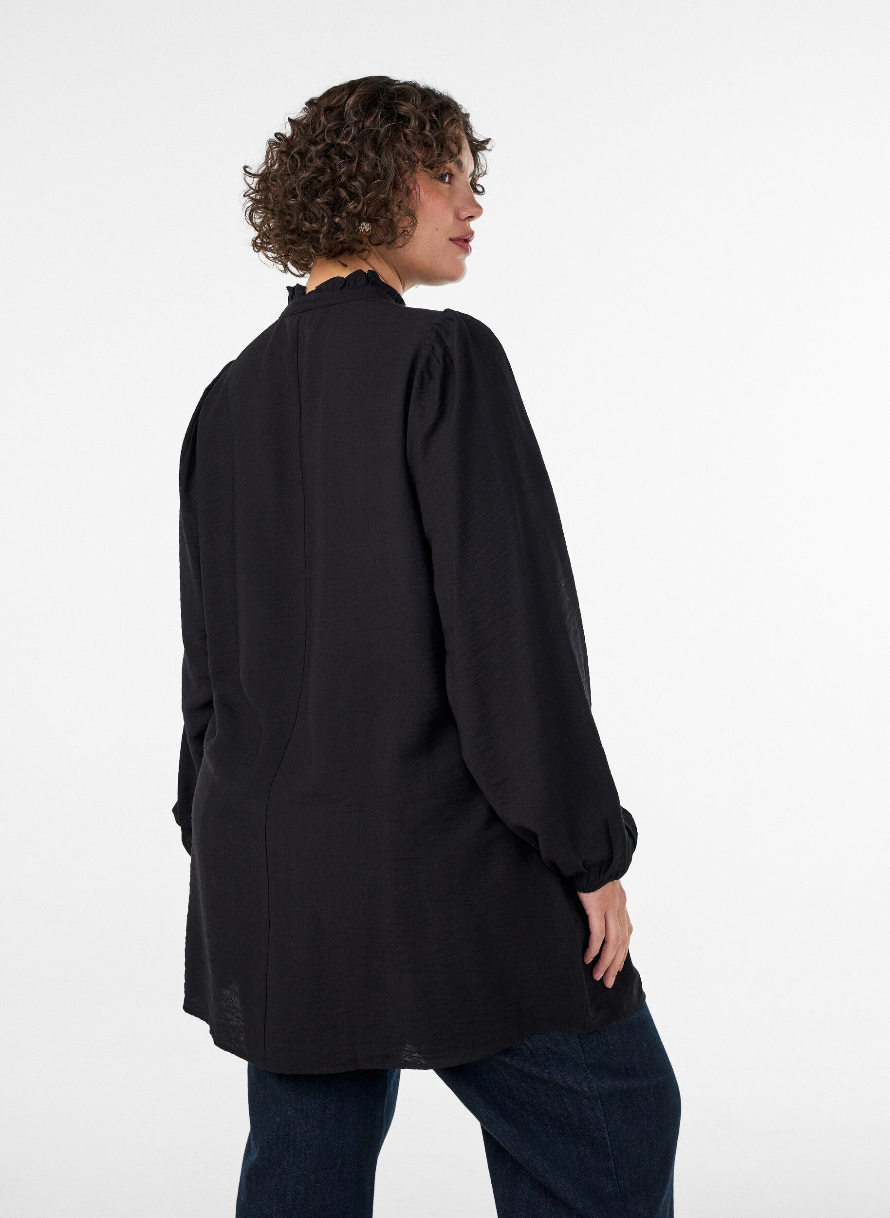ZizzifashionViscose tunic with ruffles and buttons, Black, Model image number 2