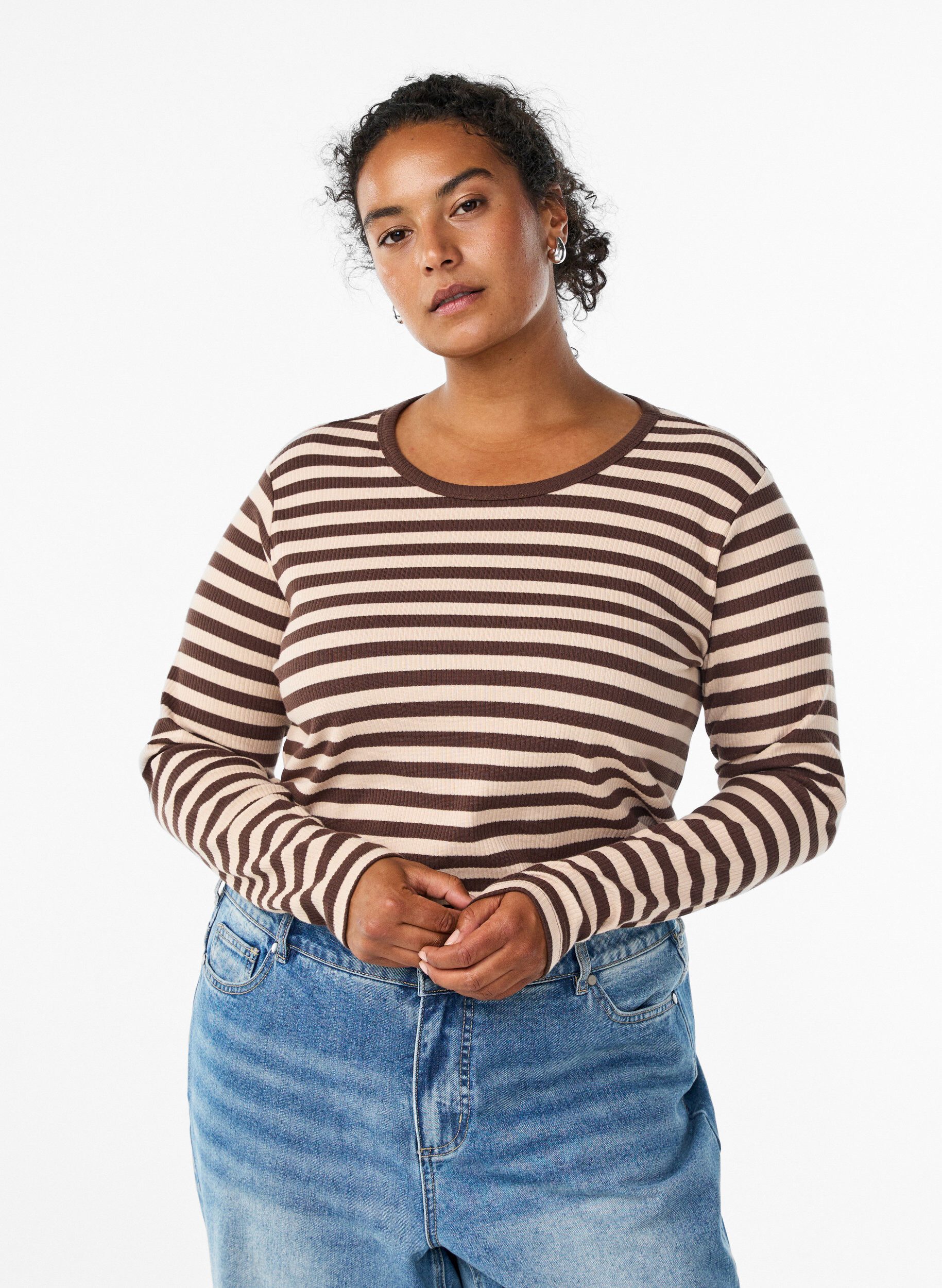 Zizzifashion Striped blouse with long sleeves, Brown, Model image number 0