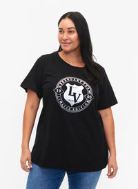 T-shirt in organic cotton with print , Black W. Silver LA, Model