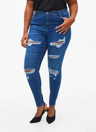 Slim fit jeans with abrasion details, Blue Denim, Model image number 2