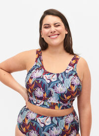 Bikini top with a round neckline, Deep Tropical Print, Model