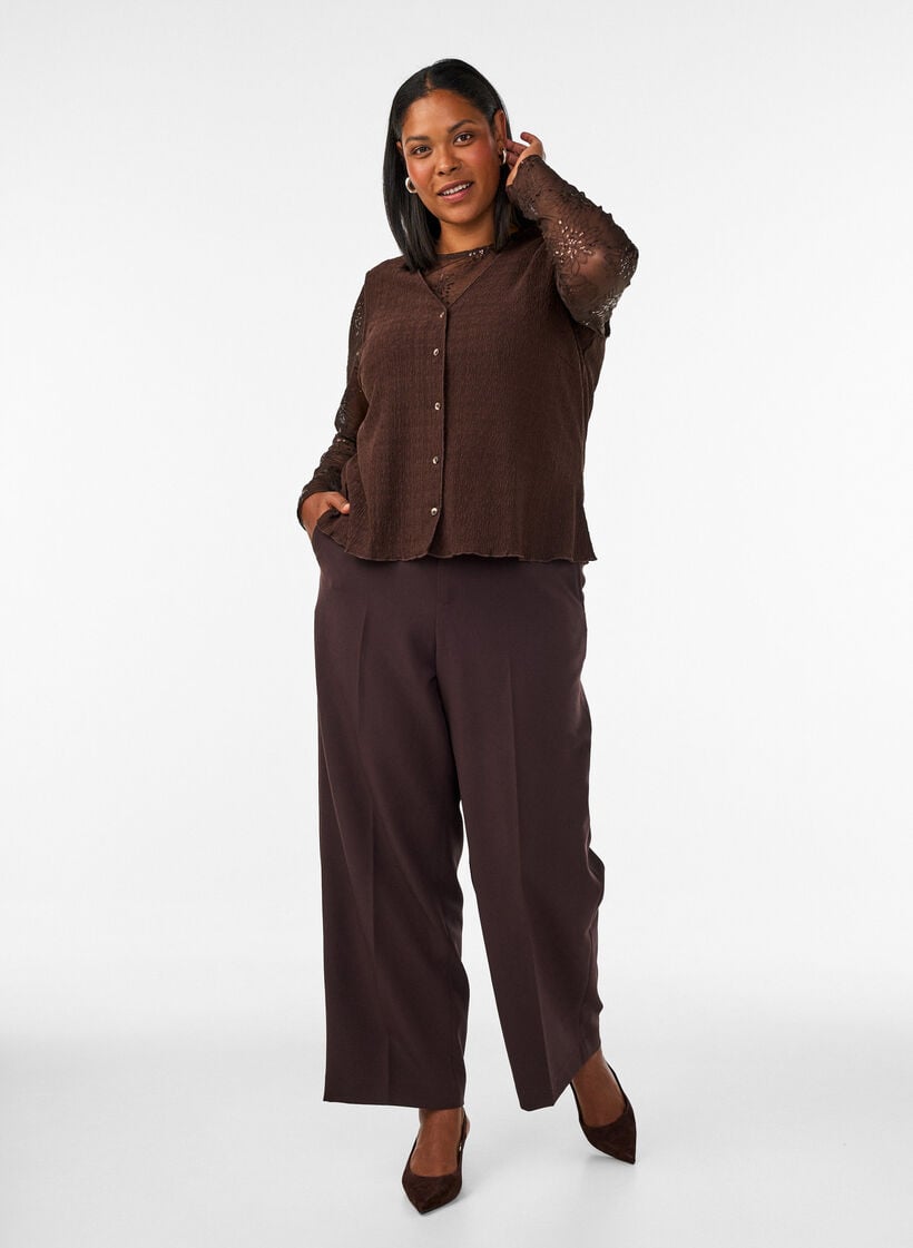 Tailored trousers with wide legs and high waist, Brown, Model image number 0