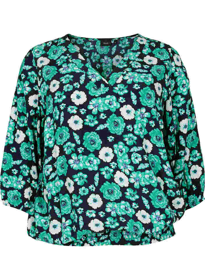 Floral viscose blouse with smocking, Green Flower AOP, Packshot image number 0
