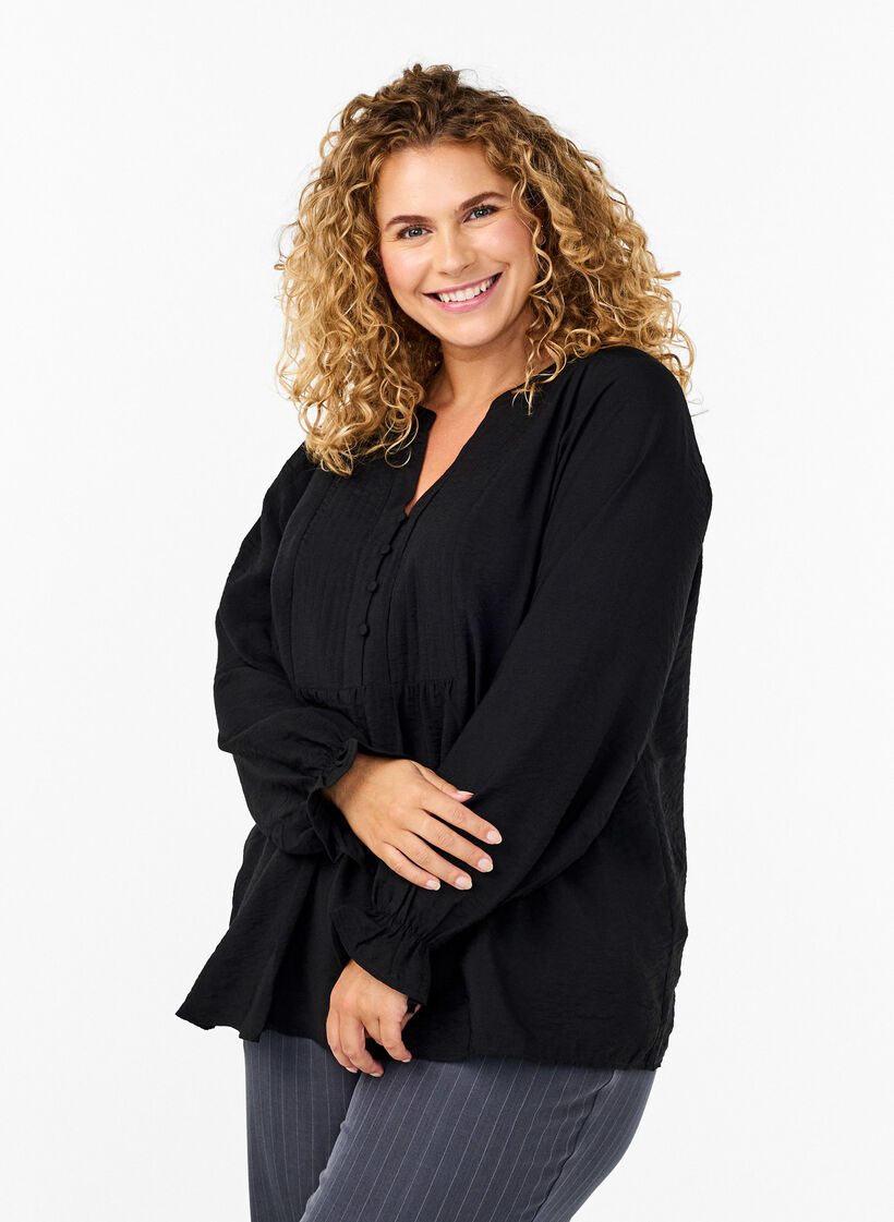 Long-sleeved blouse with a V-neck, Black, Model image number 0