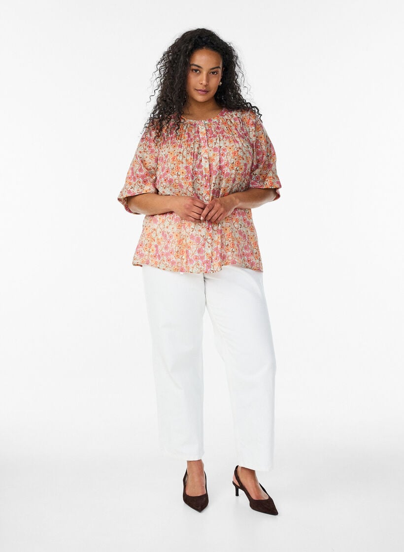 Floral print viscose blouse, Orange, Model image number 1