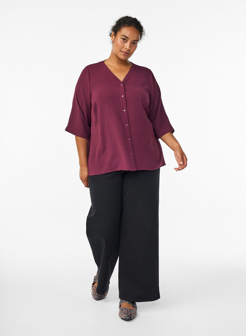 FLASH – Shirt Blouse with V-Neck and 3/4 Sleeves, Dark Bordeaux, Model image number 1