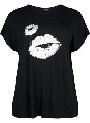 Short-sleeved viscose t-shirt with print, Black W. Lips, Packshot image number 0