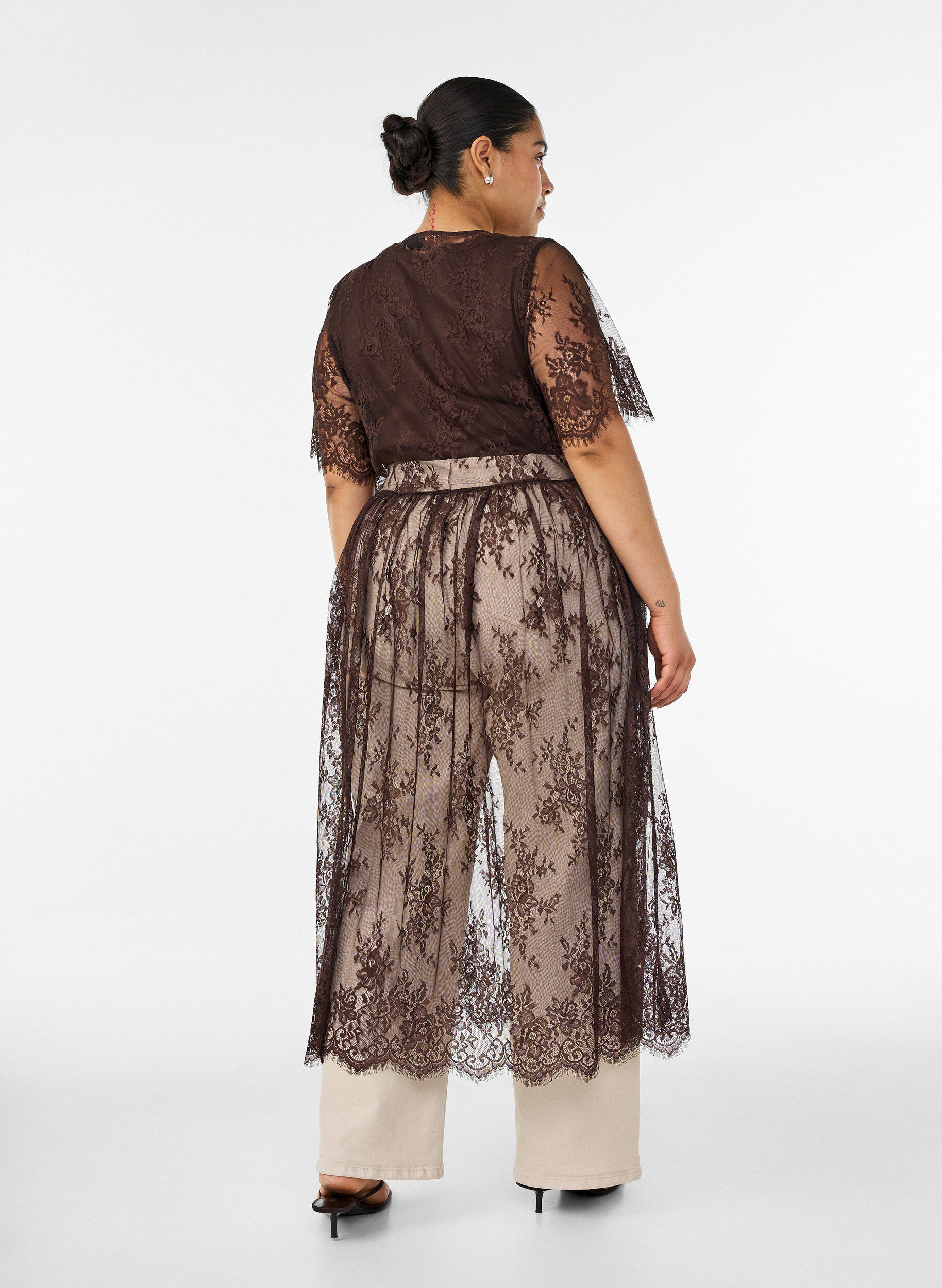 ZizzifashionSheer lace midi dress with short sleeves, Brown, Model image number 1