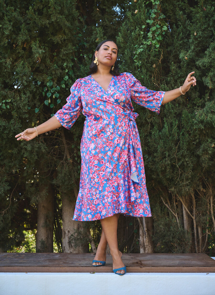 Floral wrap dress with 3/4 sleeves, Blue, Image image number 0
