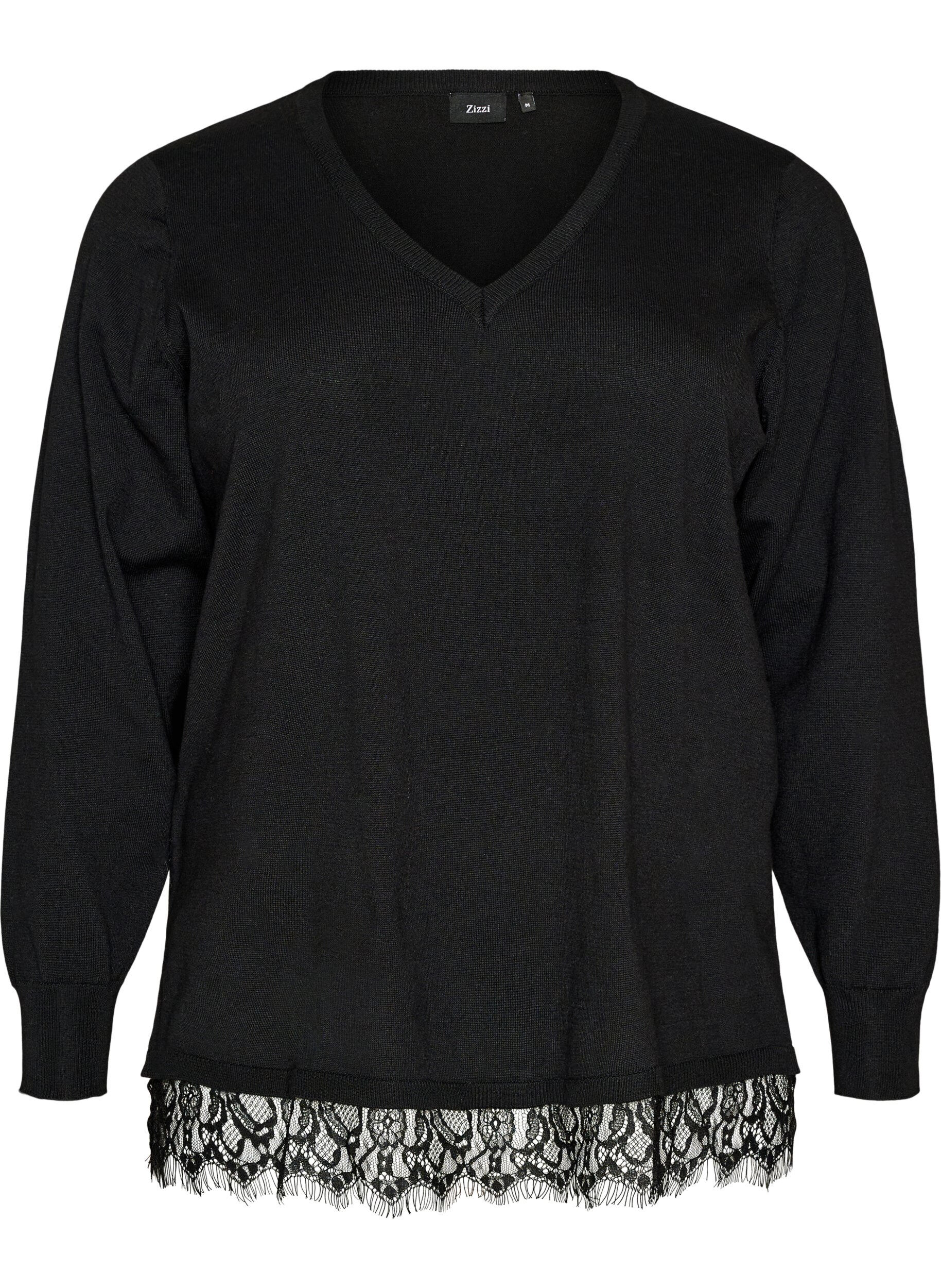 Knitted blouse with V-neck and lace trim