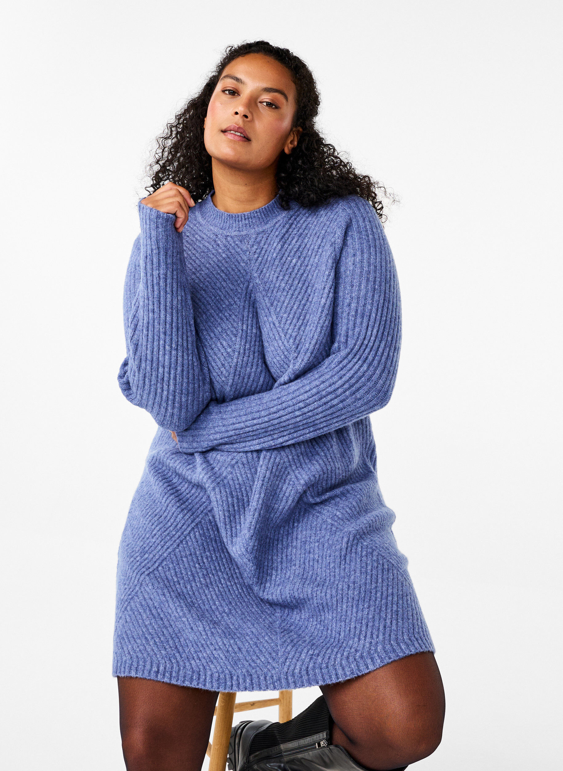 Zizzifashion Short ribbed dress with a round neck, Grey Blue Mel., Image image number 0