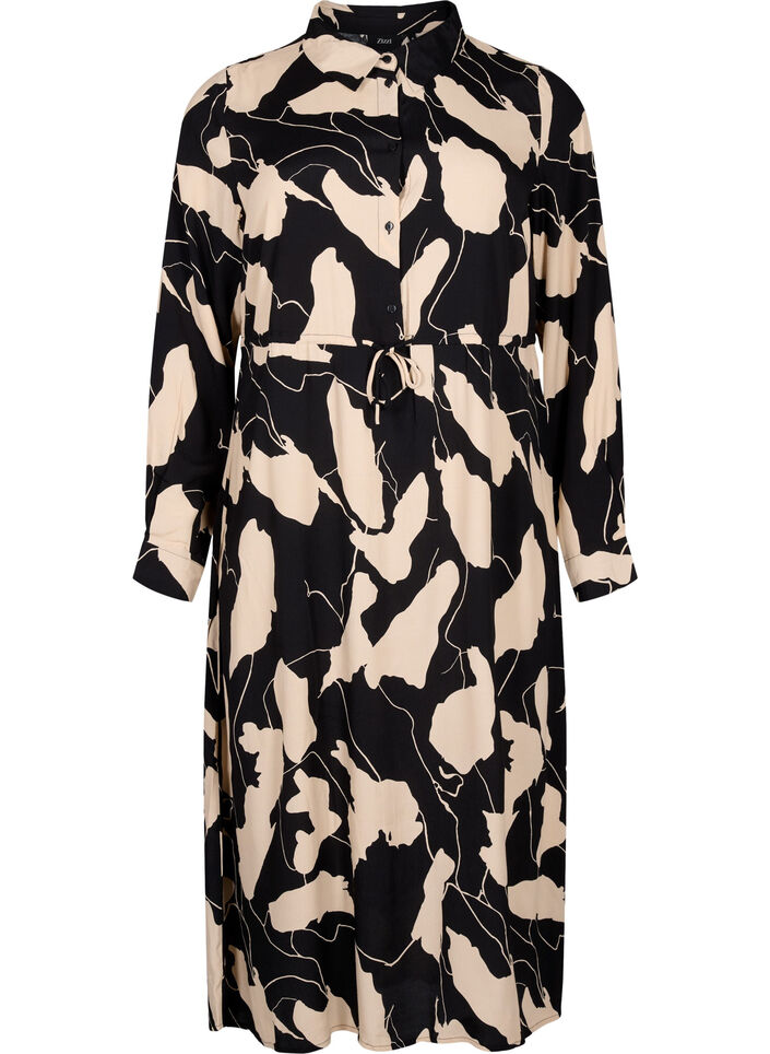 Long-sleeved midi dress in viscose with print, Black AOP, Packshot image number 0