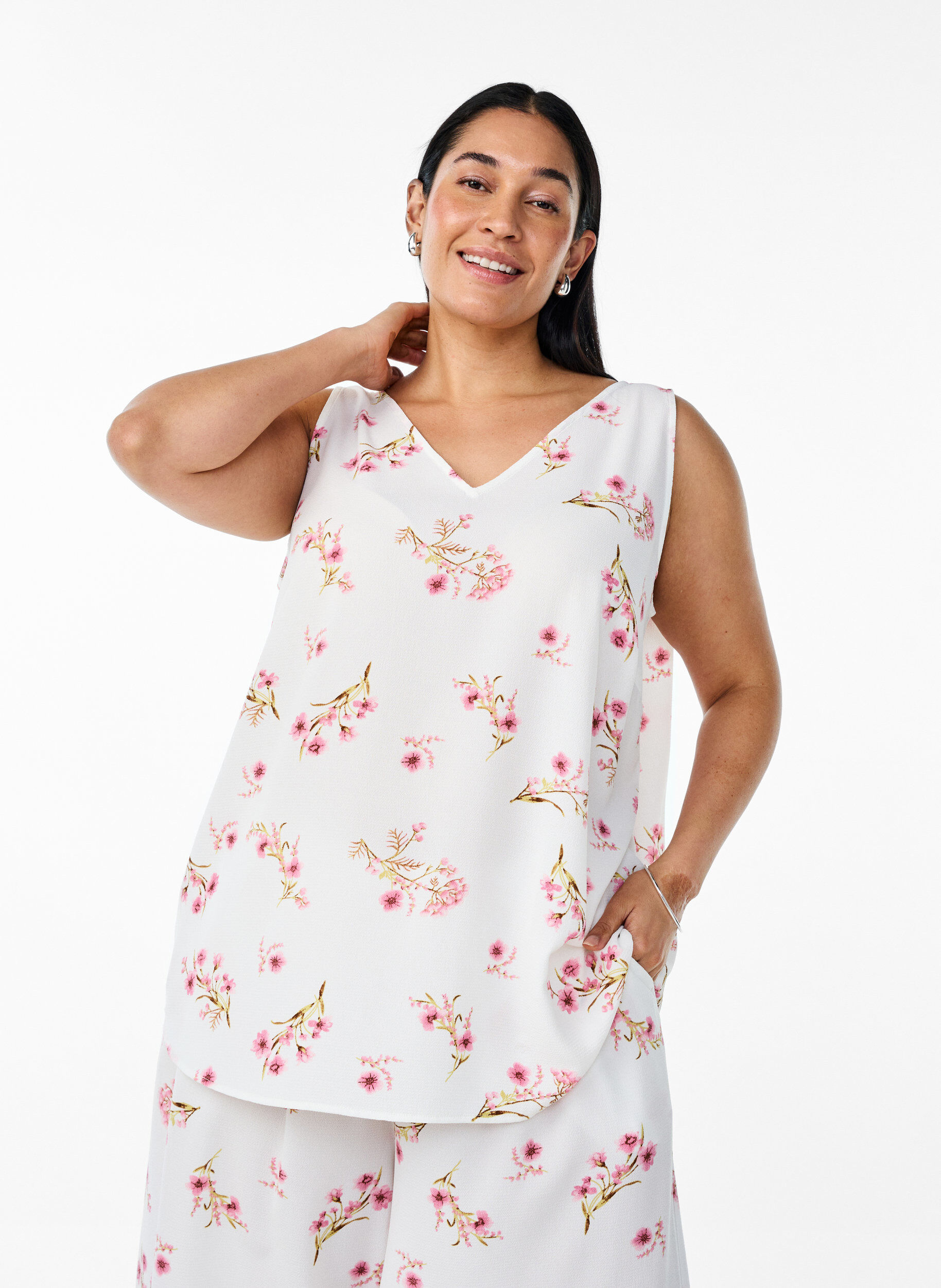 Printed top with v-neck, White, Model