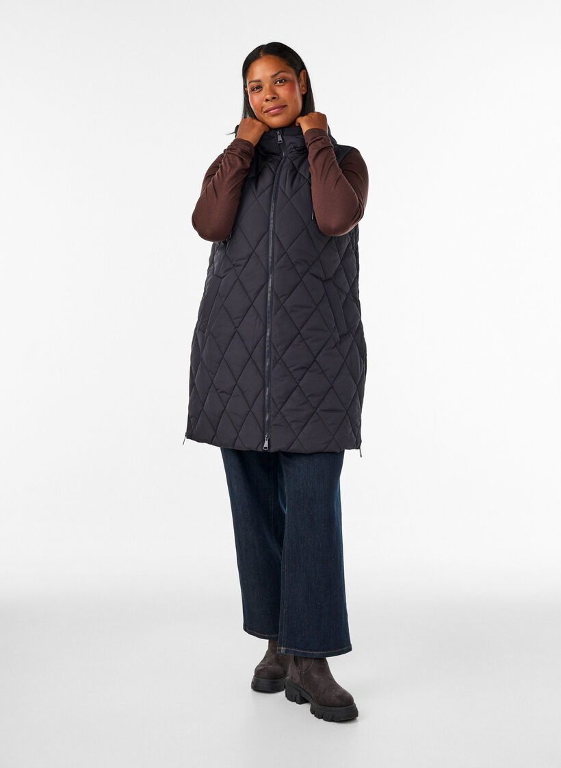 Mid-length quilted gilet with hood, Black, Model image number 1
