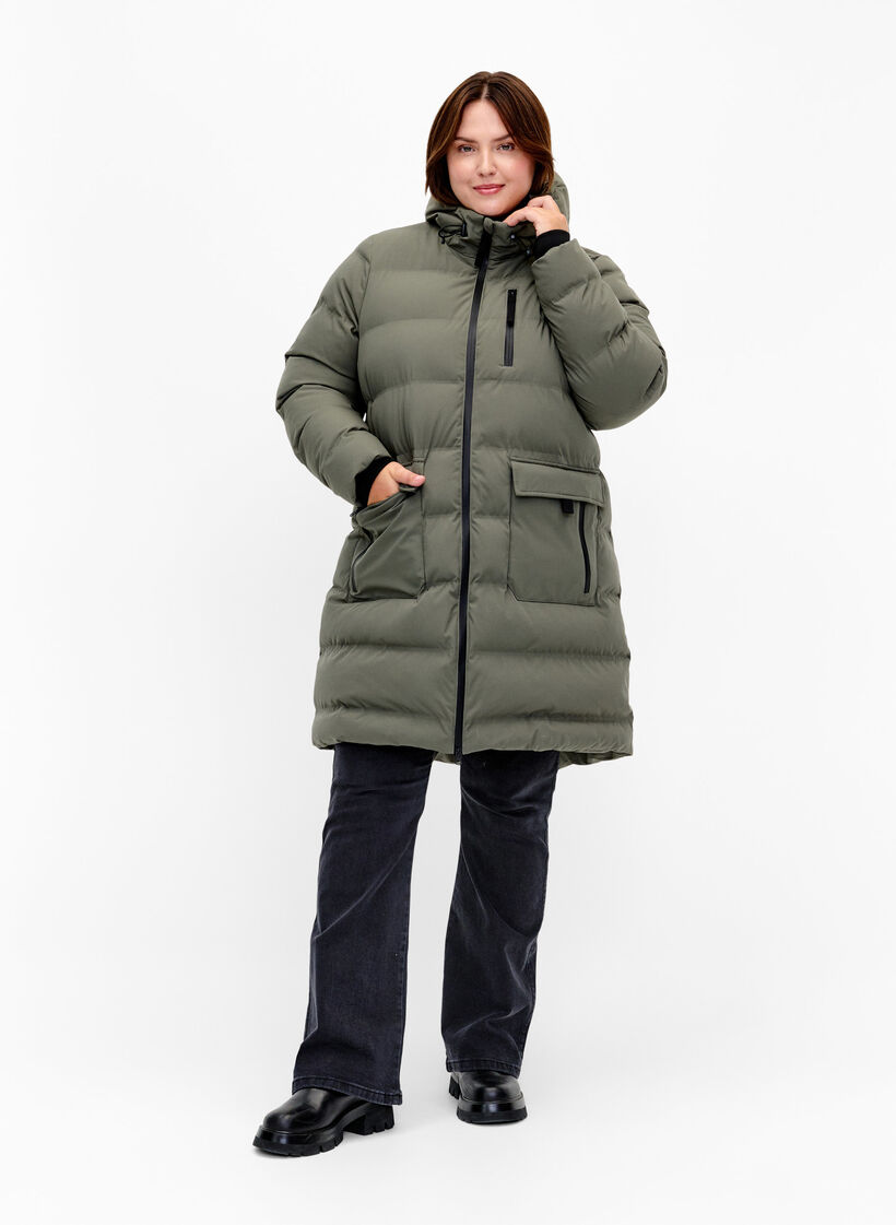Puffer coat with hood and pockets, Green, Model image number 1