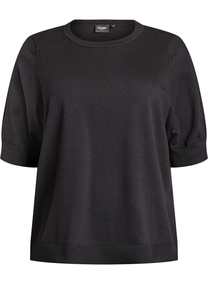 Fine-knit blouse with short sleeves., Black, Packshot image number 0