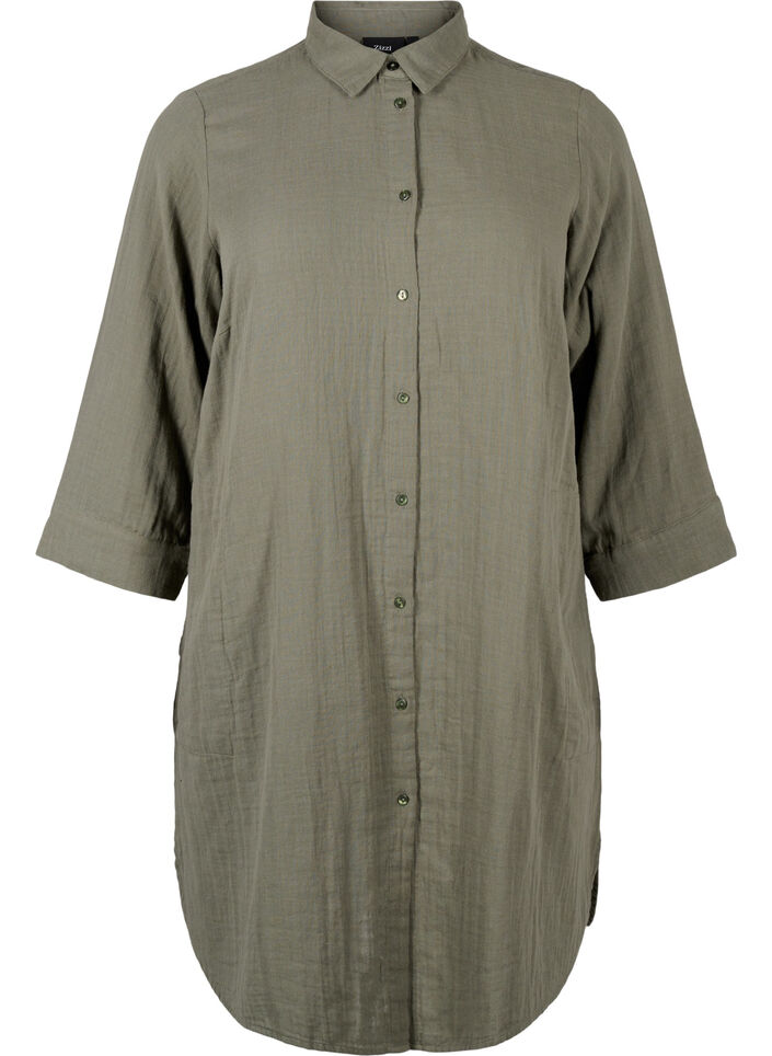 Long shirt in cotton muslin, Thyme, Packshot image number 0