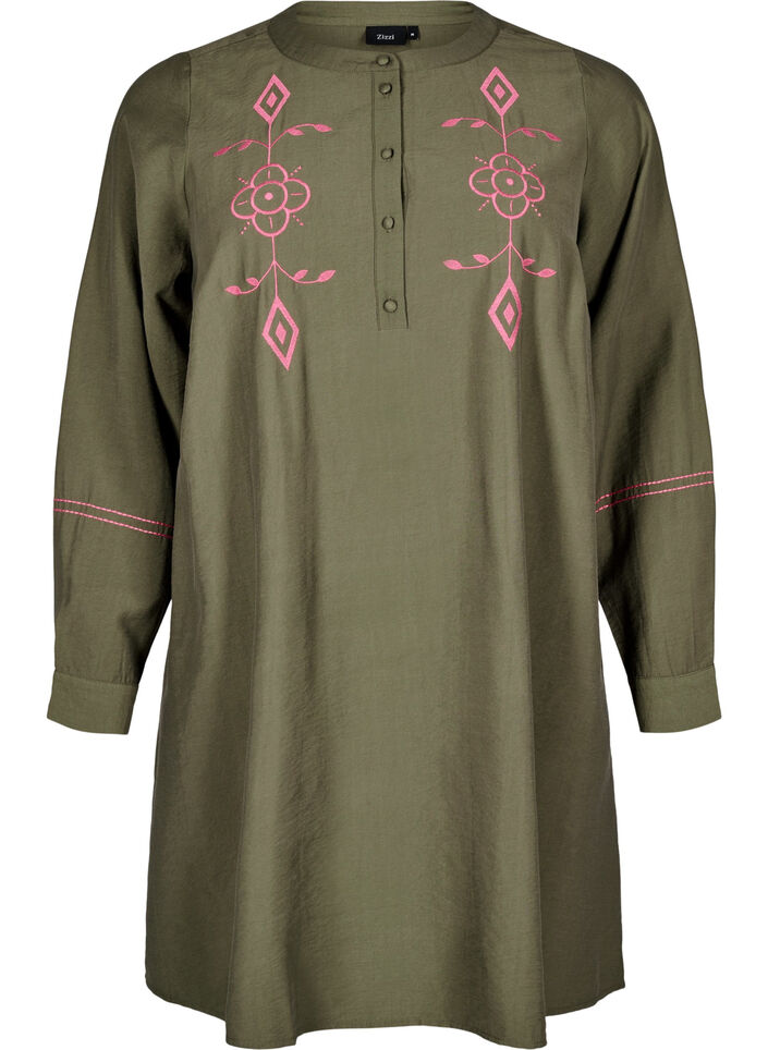 Short dress with contrasting embroidery, Green, Packshot image number 0