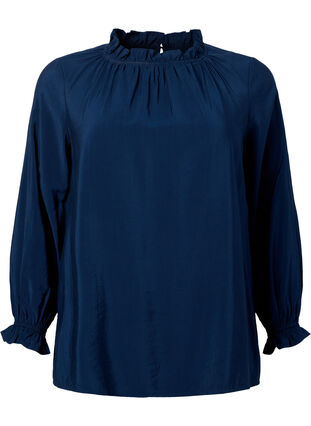 Long-sleeved viscose blouse with ruffles, Total Eclipse, Packshot image number 0