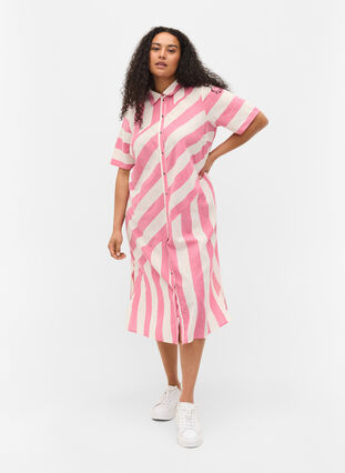 Short-sleeved cotton shirt dress with stripes, Magenta Stripe, Model image number 3