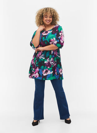 Tunic with floral print in viscose, Black Flower AOP, Model image number 2