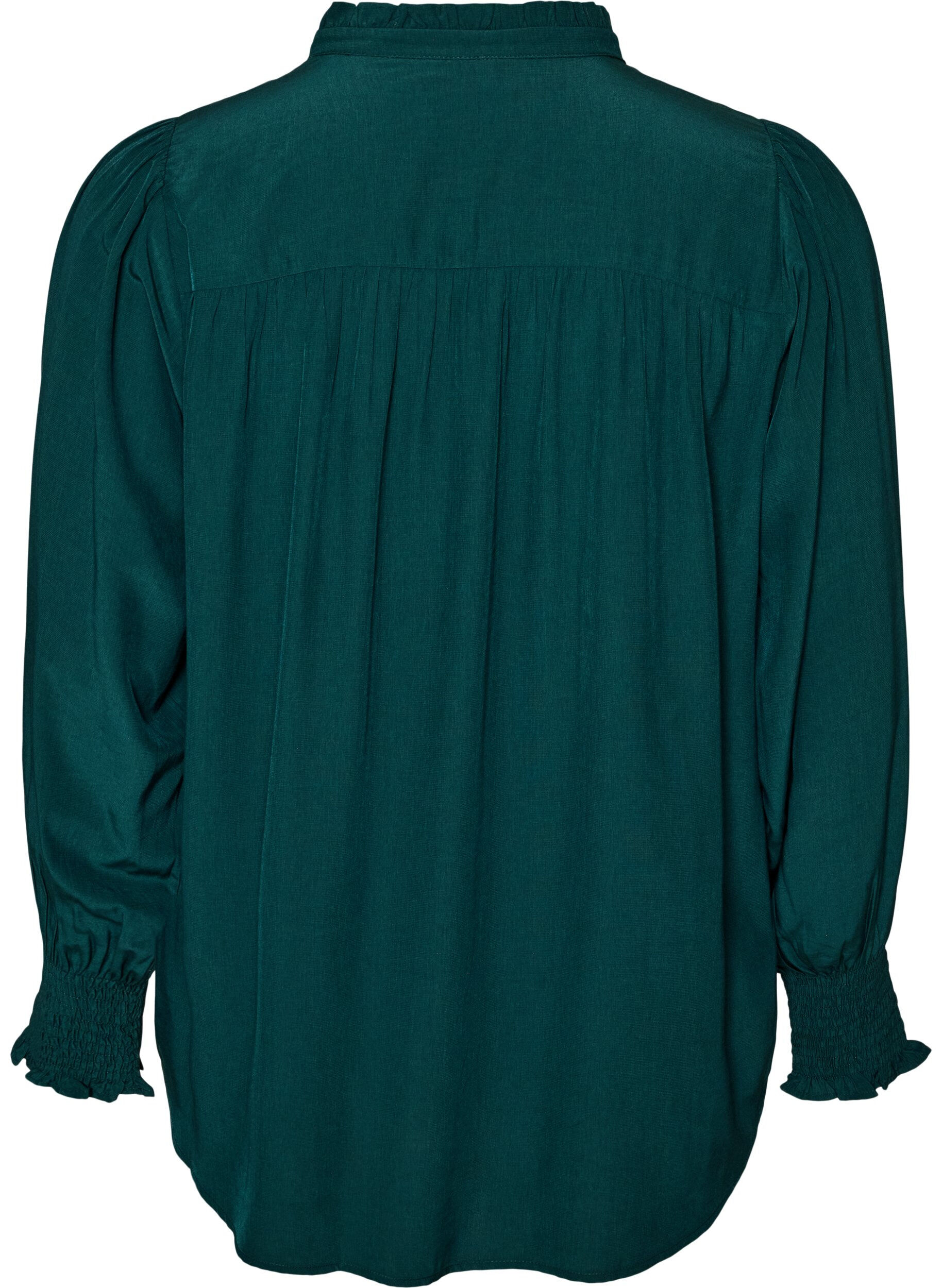 ZizzifashionBlouse with ruffle collar and ruching, Green, Packshot image number 1