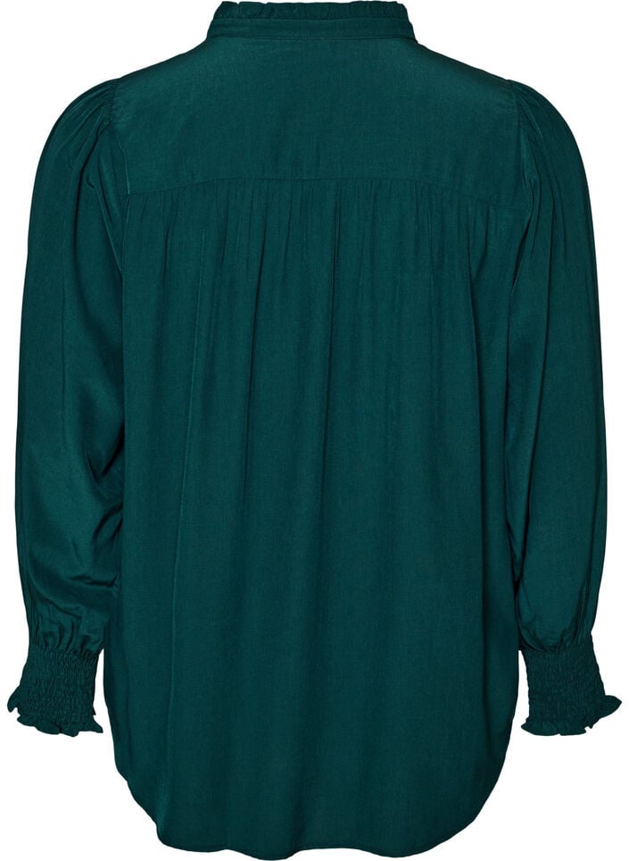 Blouse with ruffle collar and ruching, Green, Packshot image number 1