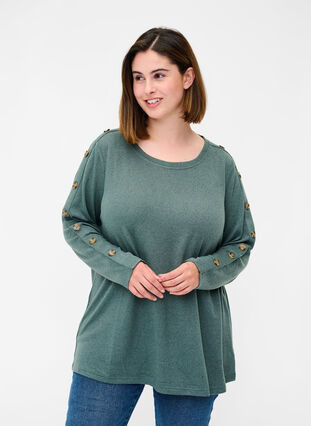 Long-sleeved blouse with button details, Balsam Green Melange, Model image number 0