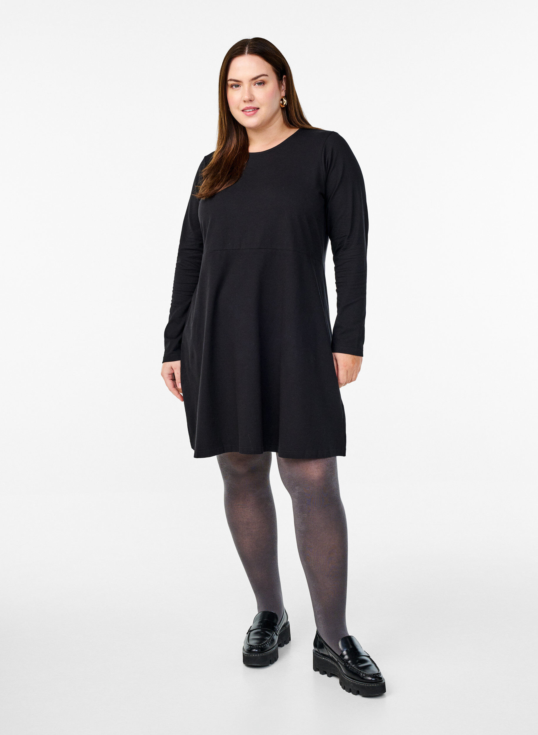 Zizzifashion Long-sleeved dress with round neck, Black, Model image number 2