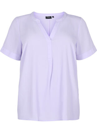 Short-sleeved blouse with v-neckline, Lavender, Packshot image number 0