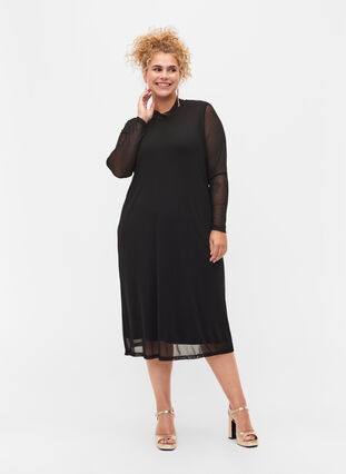 Long-sleeved midi dress in mesh, Black, Model image number 0