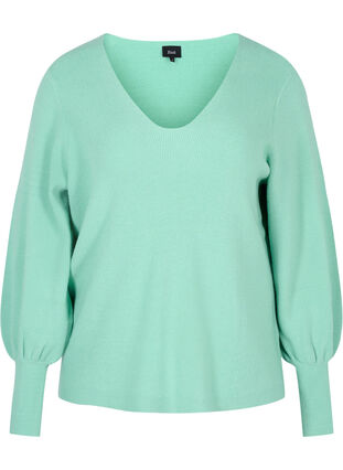 Knitted blouse with v-neck and puff sleeves, Dusty Jade Green Mel, Packshot image number 0