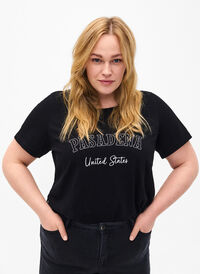 Cotton T-shirt with text, Black W. Pasadena, Model