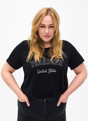 Cotton T-shirt with text, Black W. Pasadena, Model image number 0