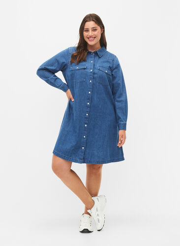 Denim dress with buttons, Blue denim, Model image number 2
