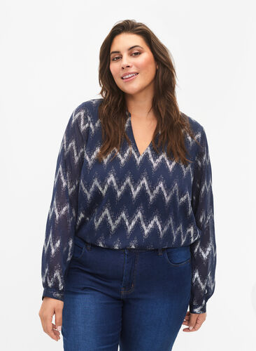 Printed blouse with v-neckline, Navy B/Silver ZigZag, Model image number 0