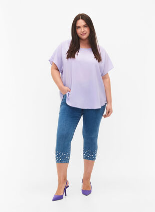 Blouse with short sleeves and a round neckline, Lavender, Model image number 2