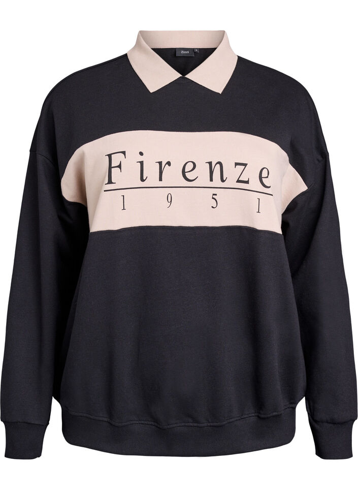 Organic cotton sweatshirt with collar and contrast print, Black, Packshot image number 0