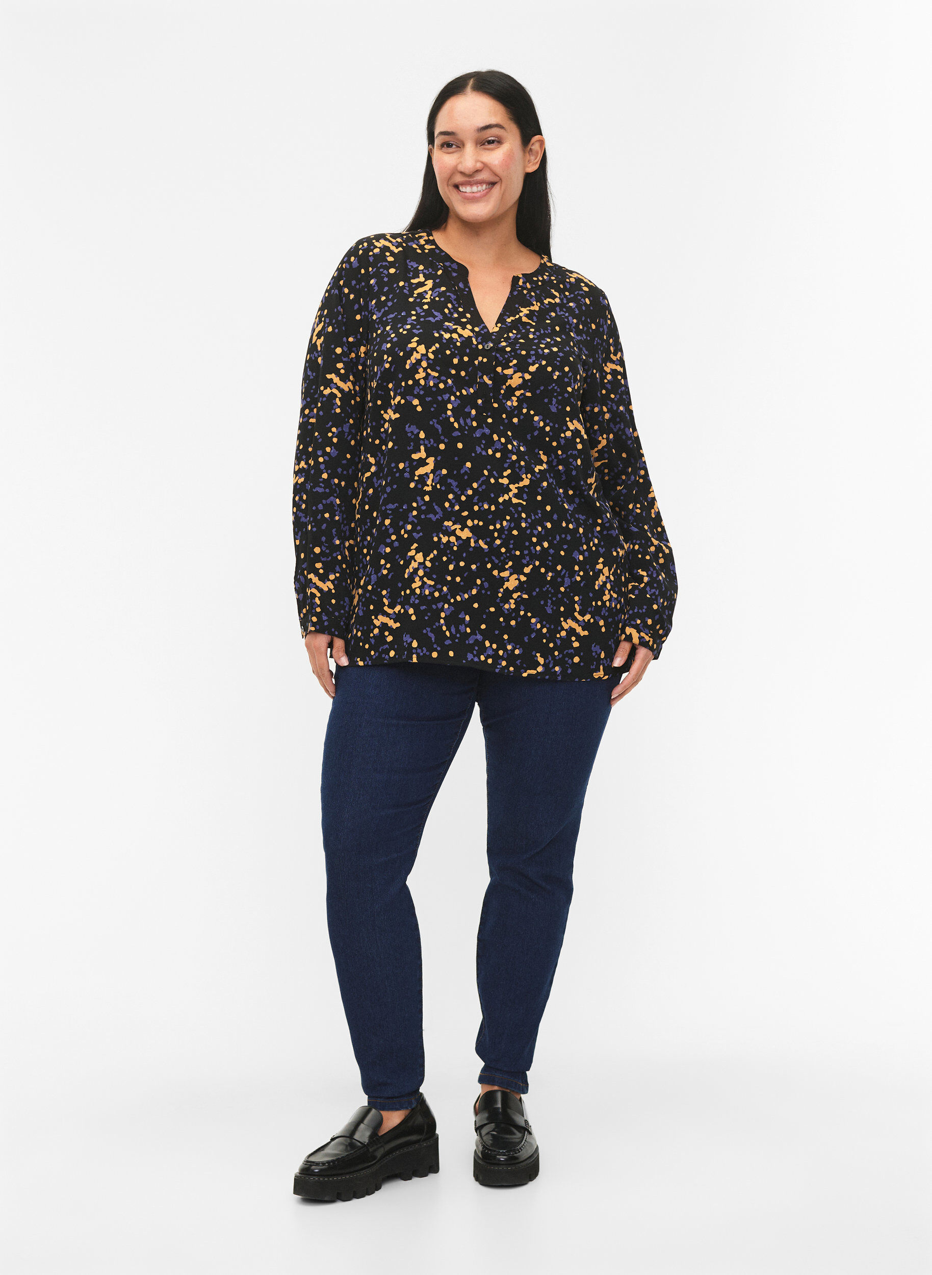 Zizzifashion FLASH - Long sleeve blouse with print, Black Splash AOP, Model image number 2