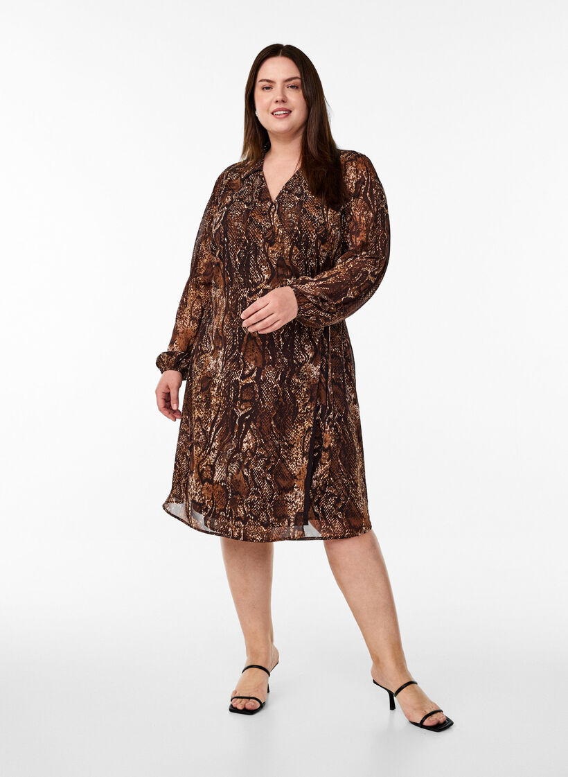 Knee-length wrap dress with animal print, Brown, Model image number 1