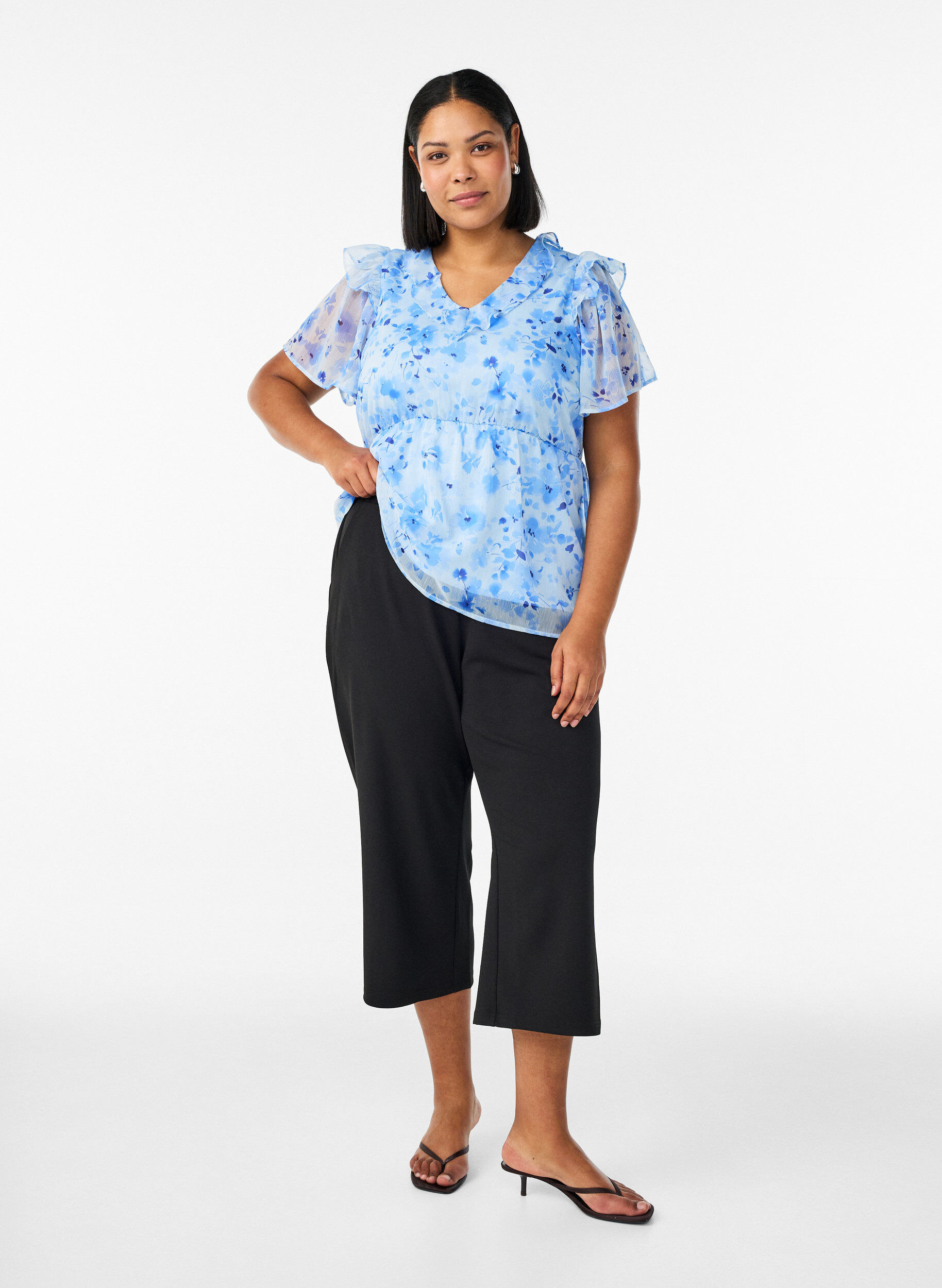 ZizzifashionFloral blouse with a frill collar and peplum effect, Blue, Model image number 1