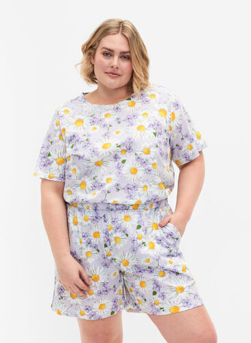 Loose pyjama shorts with print, Lavender Blue AOP, Model image number 0