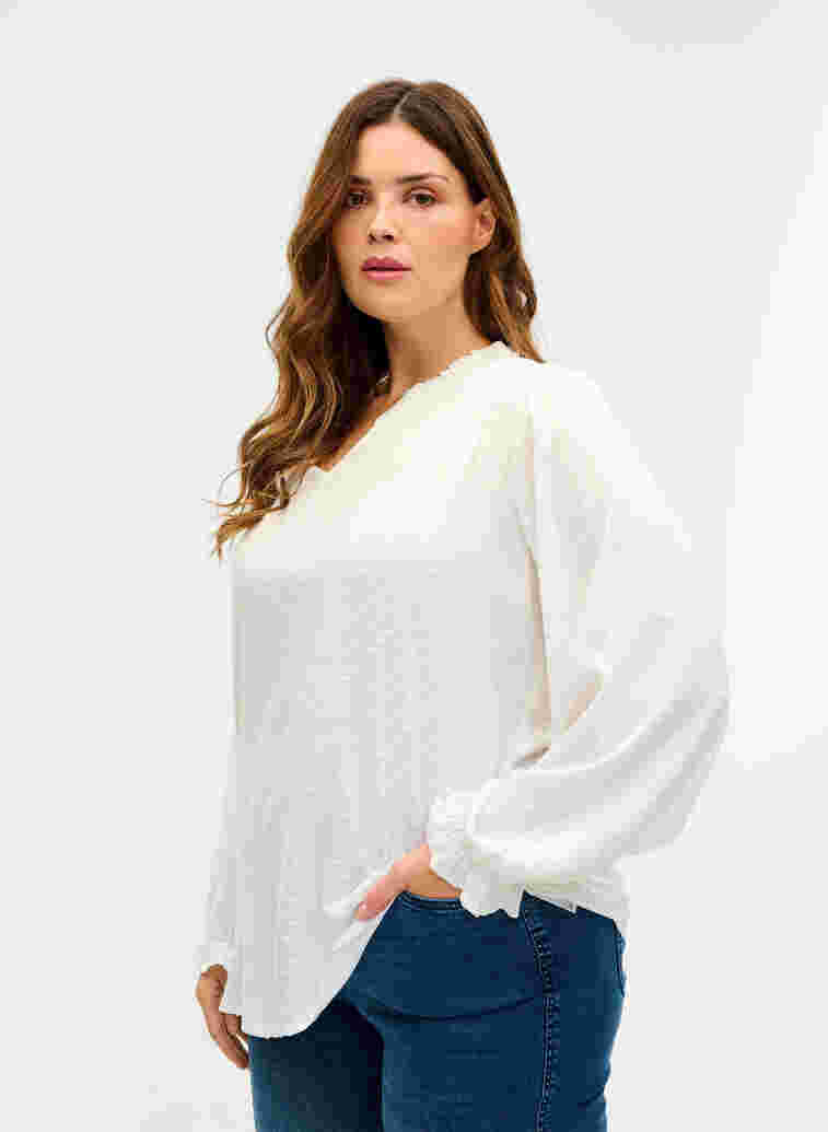 Long-sleeved blouse with smock and ruffle details, Bright White, Model image number 0