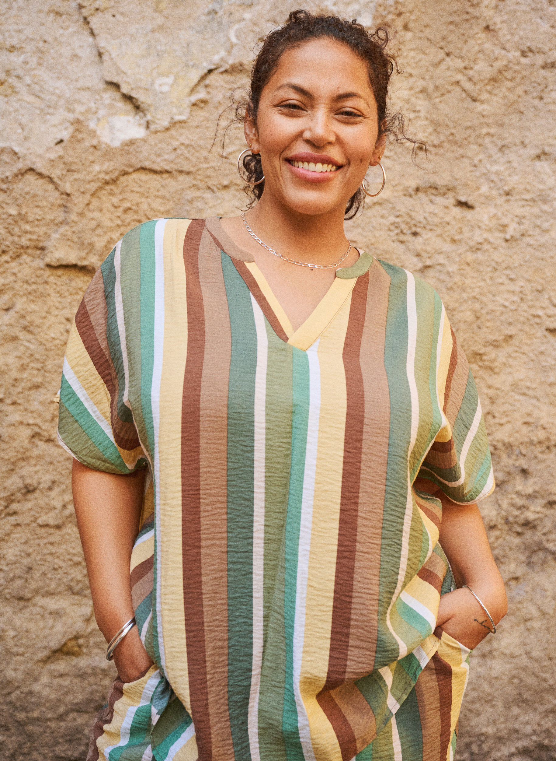 Zizzifashion Striped viscose blouse with short sleeves, Brown, Image image number 0