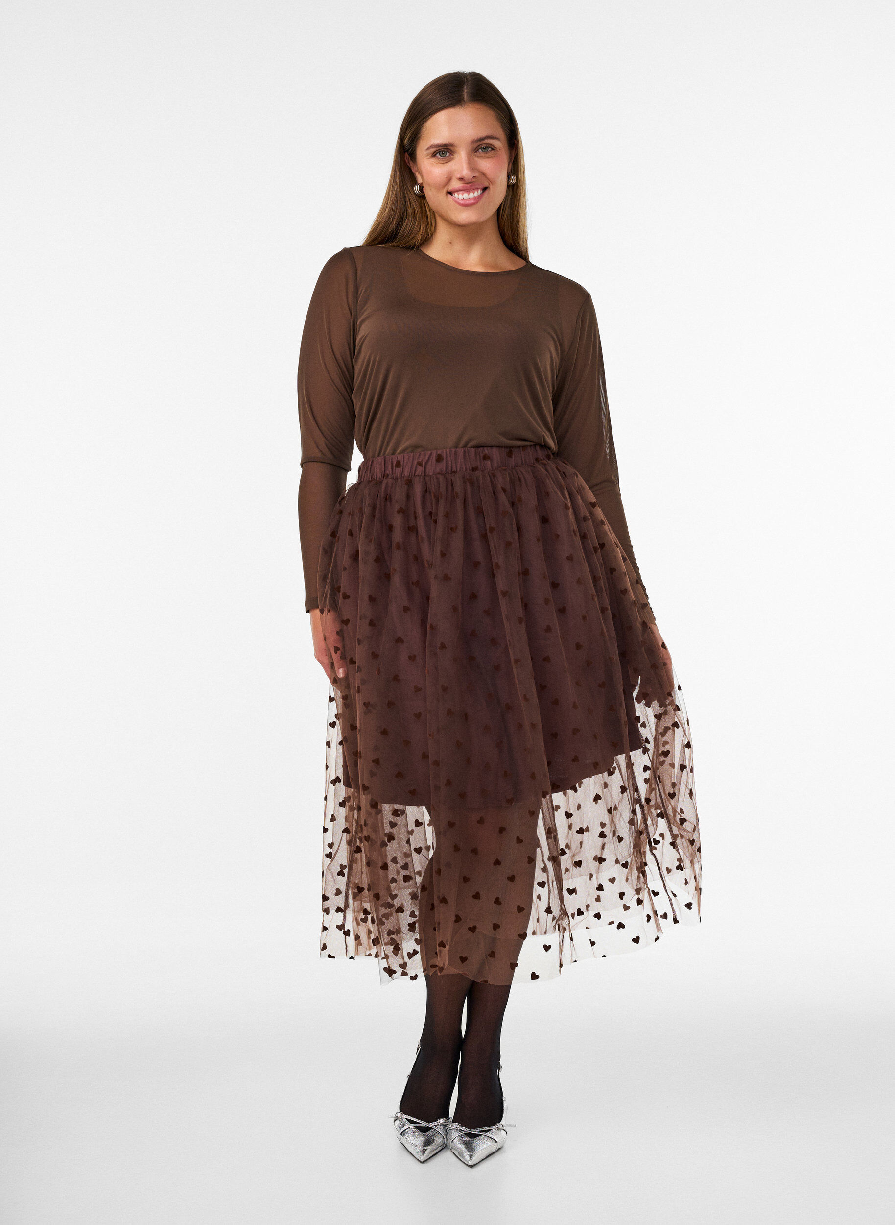 ZizzifashionMidi tulle skirt with hearts, Brown, Model image number 1
