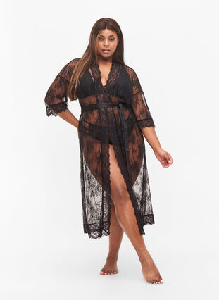 Long lace dressing gown, Black, Model image number 3